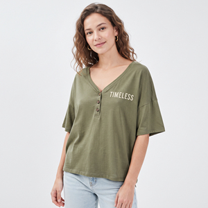 T-shirt d'été décontracté pour femme en jersey de coton imprimé à col en V, coupe ample, manches courtes, écologique, séchage rapide, style streetwear - Product Image 1