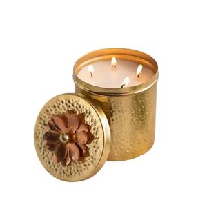Pot à bougie en métal doré de qualité supérieure, design martelé, taille personnalisée avec couvercle, motif floral, porte-bougie à prix raisonnable - Product Image 1