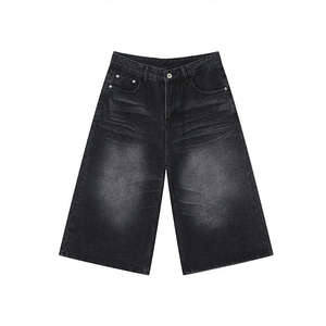 Short en jean bleu foncé pour homme, coupe ample, style rétro, avec fermeture éclair et bouton, pour l'extérieur - Product Image 1