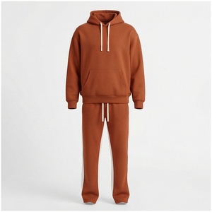 Ensemble de survêtement unisexe marron à capuche, manches longues, couleur unie, coupe décontractée, pour l'automne, respirant, 100 % coton, avec cordon de serrage - Product Image 1