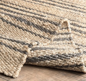 Tapis moderne en jute naturel tissé à la main avec motif rayé gris, écologique et durable, pour salon - Product Image 2