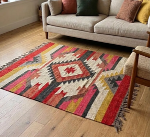 Tapis Kilim en laine tissé à la main, style tribal bohème géométrique, rustique et ethnique, pour couloir, chambre, salon, décoration intérieure - Product Image 1