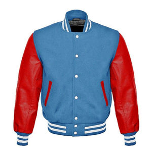 Veste universitaire unisexe en laine bleue avec manches en cuir PU rouge, coupe classique, col montant, décontractée, hiver, logo frontal - Product Image 1
