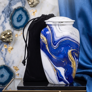 Blue White Marble Cremation Urn Metal <b>Memorial</b> <b>Keepsake</b> Vase Adult Ashes Container Custom Design - Product Image 1