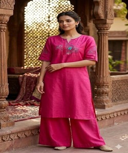 Ensemble Kurta et pantalon en coton slub moderne brodé pour femme, tenue de soirée, style Inde Pakistan AARVI- 85441 - Product Image 1