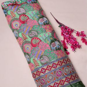 Royal Elephant Motif Silver <b>Sequined</b> Peacock Palm Tree Floral Scallop Arches Jharokha <b>Art</b> Design Geometric <b>Sequined</b> Border Crepe - Product Image 4