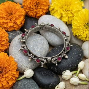 DIVYORO Oxidized Silver Plated <b>Copper</b> Alloy Carved Floral Ethnic Women's Bangle KADA - Product Image 2