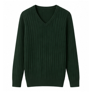 Pull en tricot côtelé vert foncé à col en V pour homme, manches longues, couleur unie, vêtement d'hiver, tricoté au Pakistan - Product Image 1