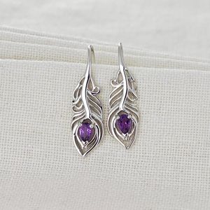 Pendientes de Plata de Ley con Amatista y Pluma de Pavo Real, Joyería de Piedra de Nacimiento de Febrero - Product Image 2