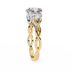 Bague de fiançailles torsadée en or jaune 14 carats avec trois pierres, diamant de laboratoire certifié IGI taille coussin 2 carats, cadeaux d'anniversaire et de mariage - Product Image 3