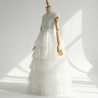 Robe de bal en tulle superposé avec dentelle à paillettes blanches de qualité supérieure, manches bouffantes, superposition en tulle étoilé pour filles, mariage/ demoiselle d'honneur