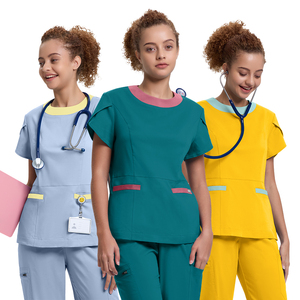 2026 Premium Women Medical <b>Scrub</b> Tops Set Polyester Woven Hospital <b>Uniforms</b> for Nurses with Stethoscope and ID Badge Pockets - Product Image 1