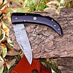 Nordic Forge Industrial Grade Damascus Steel Drop Point Folding Hunting Knife 7-Inch Black Resin Handle Leather Sheath Pocket - Product Image 1