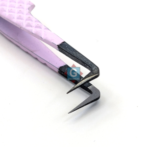 Pince à épiler pour extensions de cils en acier inoxydable, à manche long, avec revêtement en poudre gris, rose et noir mat, poignée en fibre, antistatique et pointe dentelée - Product Image 6