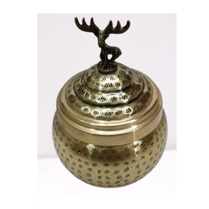 Vintage Brass Storage Jar with Deer Handle Lid Engraved Decorative <b>Container</b> Antique Style Trinket Box Handmade Metal Candy - Product Image 1
