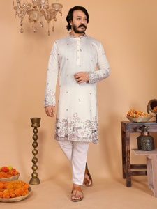 Conjunto de Kurta y Pijama para Hombre, de Lino y Algodón Pesado, con Bordado y Lentejuelas, Ropa Tradicional Étnica, Chudidar Semi-Algodón - Product Image 3
