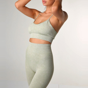 Gradient Color Yoga Set 3 Piece Crew Neck Crop <b>Top</b> Racerback Bra High Waist Leggings Full Length Spandex Polyester Sweat Wicking - Product Image 2