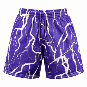 Pantalones cortos de baloncesto de malla para hombre, pantalones cortos deportivos con estampado de rayos morados y cintura elástica, ropa informal para calle, pantalones cortos de gimnasio para entrenamiento - Product Image 4