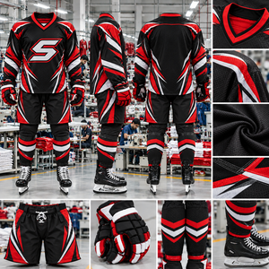 Conjunto de Jersey de Hockey sobre Hielo Unisex, 100% Poliéster, Secado Rápido, Nombre del Equipo Personalizado, Bloques de Color Negro, Rojo y Blanco, Manga Larga, Ropa Deportiva para Adultos - Product Image 6