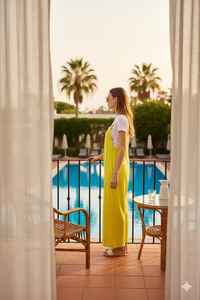 Mono amarillo lima de algodón sin mangas para mujer, mono de estilo Peto de pierna ancha con correas ajustables, vestido de Color sólido - Product Image 2