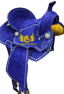 Silla de montar western de cuero de ante azul con costuras blancas, duradera, para carreras de barriles, con asiento acolchado suave y portátil. - Product Image 4