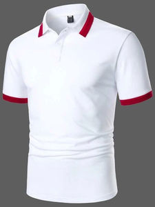 เสื้อเชิ้ตแขนสั้นสีขาวสำหรับผู้ชาย ผ้าฝ้าย 100% แต่งขอบสีแดง คอปกแบบพับได้ สวมใส่สบาย ระบายอากาศได้ดี เหมาะสำหรับฤดูหนาว พิมพ์ลายดิจิทัล - Product Image 1