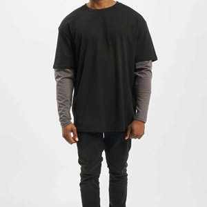 Custom Men Blank 100% Cotton 300GSM Double Layer Sleeve Tee <b>Shirt</b> Unisex Oversized Double Layer Long Sleeve <b>Patchwork</b> T <b>Shirt</b> - Product Image 2