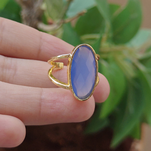 Hot Sale Oval Cut Hydro Quartz Chalcedony <b>Adjustable</b> <b>Ring</b> Solid Brass 18k Gold Plated Double Band Open <b>Rings</b> for Unisex Jewelry - Product Image 2