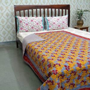 Hand Block Printed Kantha Cotton Twin Quilt 150x220 cm Hand Embroidered Indian Handmade <b>Throw</b> Bedspread Traditional Home Textile - Product Image 3