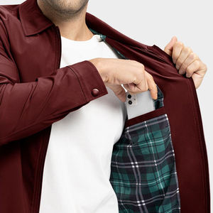 Chaqueta Blouson Borgoña para Hombre, Cuello Camisero, Cierre de Cremallera, Corte Ajustado, Manga Regular, Forro a Cuadros, Resistente al Viento, para Otoño - Product Image 6