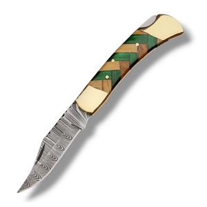 Cuchillos Plegables Premium de Damasco con Funda de Cuero, Cuchillos de Bolsillo Compactos para Exteriores, para Caza, Camping, Senderismo, Supervivencia y Uso Diario - Product Image 1
