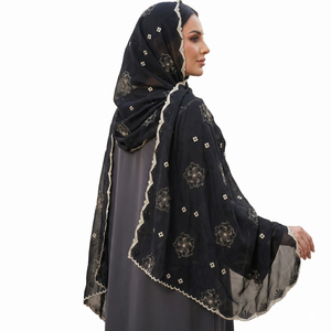 Premium Women Black Chiffon Hijab Floral Embroidery Shawl Breathable Daily Wear All Seasons Middle East Style Scarf Rhinestones - Product Image 2