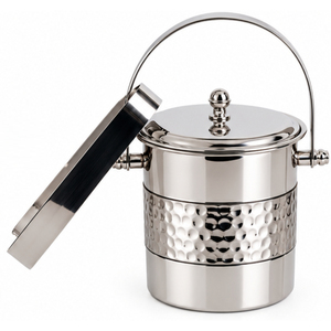 Seau à glace moderne de luxe en métal avec couvercle à bouton doré, seau à vin en acier inoxydable texturé argenté pour hôtel, bar et mariage - Product Image 2