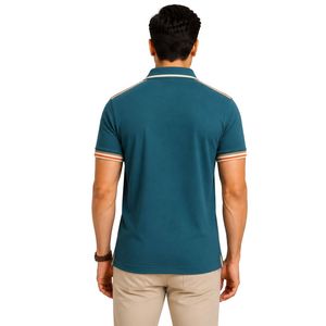 Premium Teal Blue Mens <b>Polo</b> Shirt With Beige And <b>Orange</b> Contrast Collar Shoulder Line And Sleeve Trim Custom Logo Short Sleeve - Product Image 2
