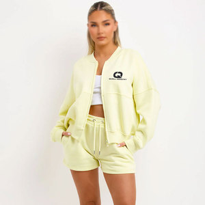 Casual Washed Stand Collar Women Hoodie & Shorts Set Breathable 100% Cotton Fabric for Summer <b>Travel</b> & Street <b>Wear</b> - Product Image 1