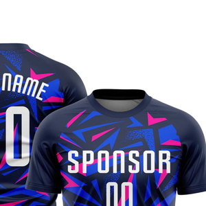 เสื้อฟุตบอลสีน้ำเงินเข้มพร้อมดีไซน์กราฟิกสีชมพูเสื้อฟุตบอลแขนสั้นระบายอากาศได้ดีแห้งเร็วชุดกีฬาฝึกซ้อมการแข่งขัน - Product Image 2