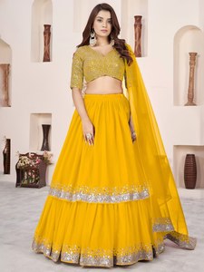 Yellow Lehenga Choli Set Soft Georgette Chiffon Woven <b>Silver</b> Sequin Lace Border Flowy Skirt and Blouse for Wedding - Product Image 1
