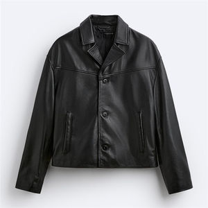 เสื้อแจ็คเก็ตหนังแท้สำหรับผู้ชายสีดำสไตล์โมเดิร์น - Product Image 5