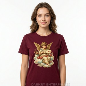 T-shirt personnalisé pour femme avec imprimé ange, en coton bordeaux, style vintage, fabrication OEM, hauts de style Renaissance pour femmes, vente en gros - Product Image 1