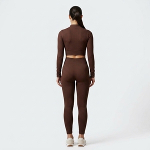 <b>Women</b> Ribbed <b>Quarter</b>-<b>Zip</b> Crop Top High Waist Full Length Leggings 2 Piece Yoga Set Solid Color Activewear Workout Wear - Product Image 2