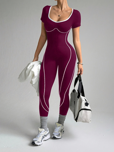 Burgundy Seamless Yoga Jumpsuit White Contrast Stripe Mid Waist Sleeveless Full Length Polyester/Nylon Solid Breathable - Product Image 2