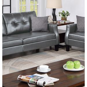 Set Divano Contemporaneo 2 Pezzi in Ecopelle Grigia per Soggiorno, Divanetto con Cuscini Morbidi e Design Trapuntato, Divano Imbottito - Product Image 6