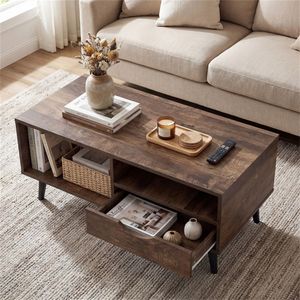 Tavolino da Caffè Rustico in Legno Ingegnerizzato Noce da 92,7 cm con Cassetto e Ripiani Aperti, Arredamento per Interni per Soggiorno e Bar - Product Image 5
