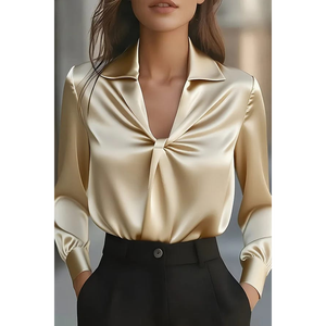 Blusa Elegante de Satén de Seda con Cuello en V y Drapeado, Top de Satén Azul Hielo de Manga Larga con Escote Cruzado, Camisa Profesional de Satén Brillante con Detalle Frontal Cruzado - Product Image 4