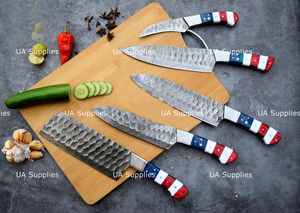 Couteaux de cuisine modernes en acier Damas faits à la main, 5 pièces, ultra-affûtés, légers, ambidextres, finition haute brillance, manche en bois – Vente directe usine - Product Image 2