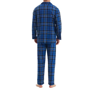 Ensemble pyjama à carreaux bleu royal pour hommes, col à revers, manches longues, en coton doux et aérien, confortable et décontracté, vêtements de nuit pour hommes, costumes de maison - Product Image 2