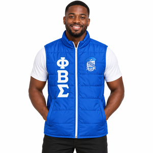 Chaleco Acolchado Azul Rey Phi Beta Sigma, Sin Mangas, Cierre Completo, Ropa de Fraternidad, Letra Griega Bordada, Cálido e Informal - Product Image 1