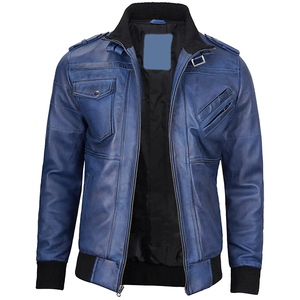 Veste à capuche en cuir de vache bleu pour homme, style motard, fermeture éclair, poches avant, coupe classique, hiver, tendance OEM - Product Image 6