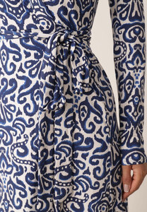 Navy <b>White</b> Damask <b>Wrap</b> Dress Collar Tie Waist Long Sleeve Midi Women Wholesale India - Product Image 4