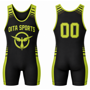 Combinaison de lutte sublimée pour hommes, vert néon et noir, en polyester, uniforme athlétique sans manches, vêtements d'entraînement et de compétition - Product Image 1